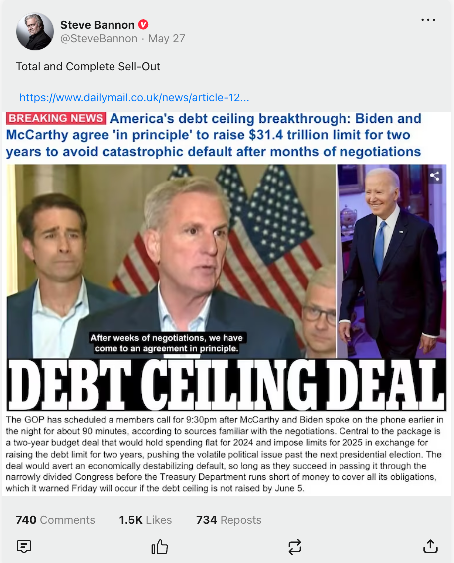 A Gettr post from Steven Bannon calls Kevin McCarthy a "Total and Complete Sell-Out"