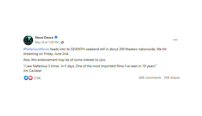 A screenshot of a Facebook post from Deace about Nefarious