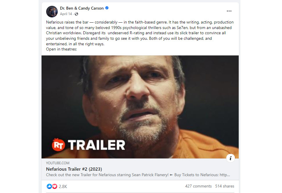 A screenshot of a post from Ben Carson about Nefarious 