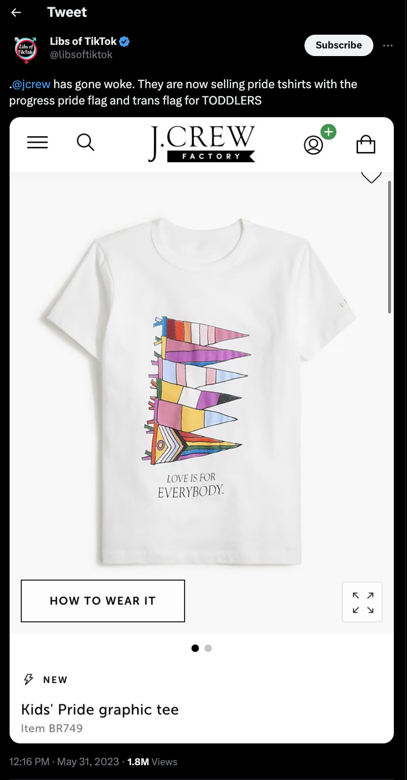 A screenshot from Twitter shows a tweet from user Libs of TikTok that says, ". @jcrew  has gone woke. They are now selling pride tshirts with the progress pride flag and trans flag for TODDLERS." The tweet features a screenshot of a kid's pride graphic tee from the J.Crew website.