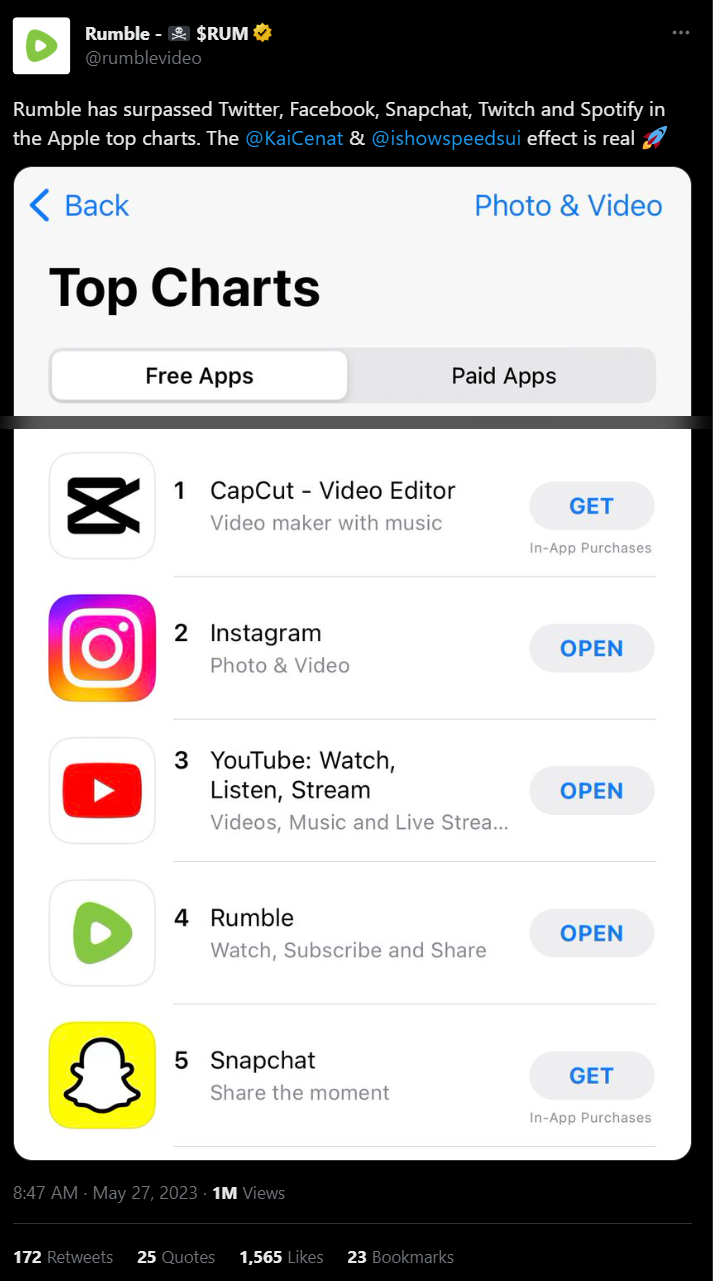 Rumble tweet bragging about the App Store