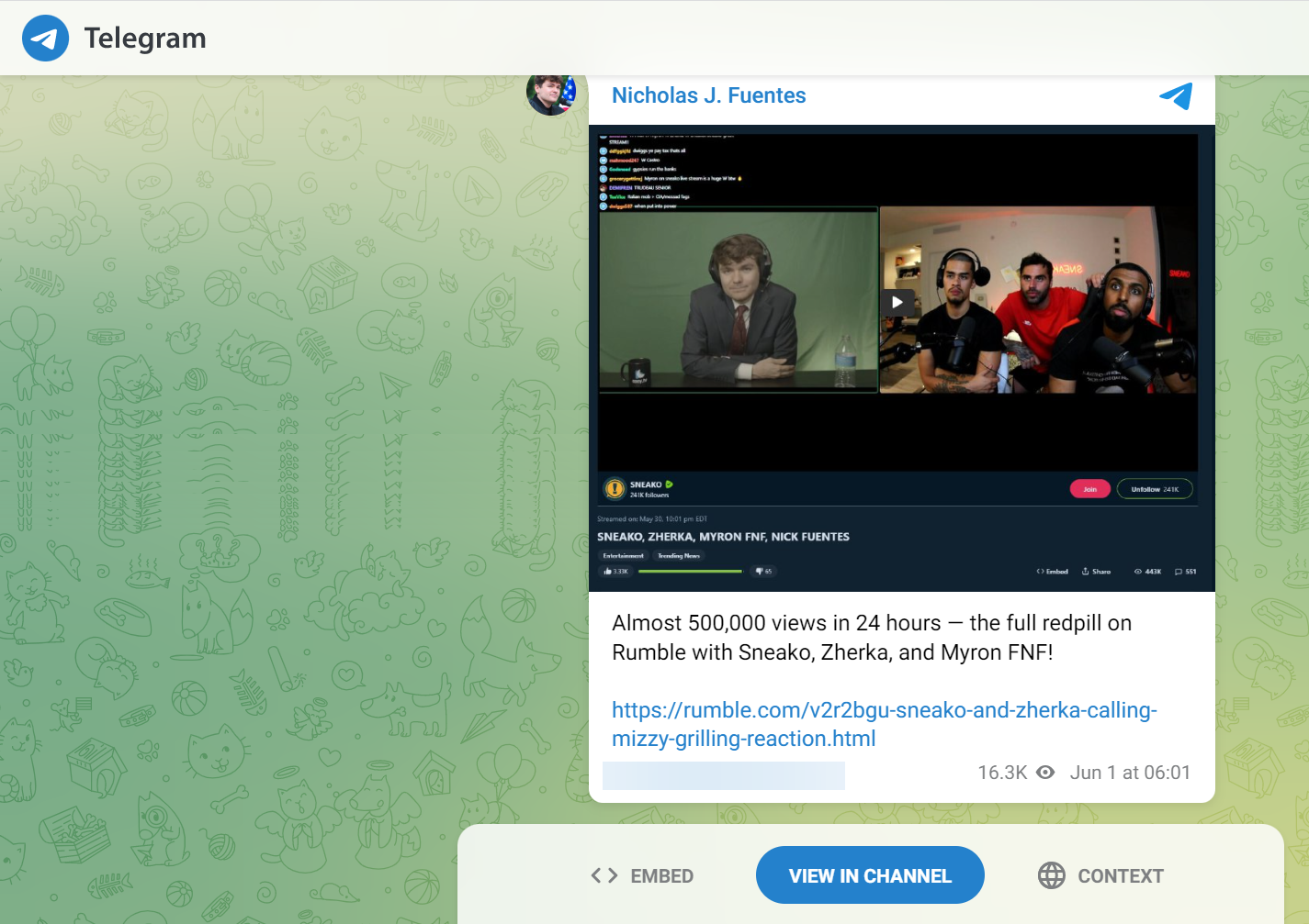 Fuentes celebrating Rumble stream on Telegram