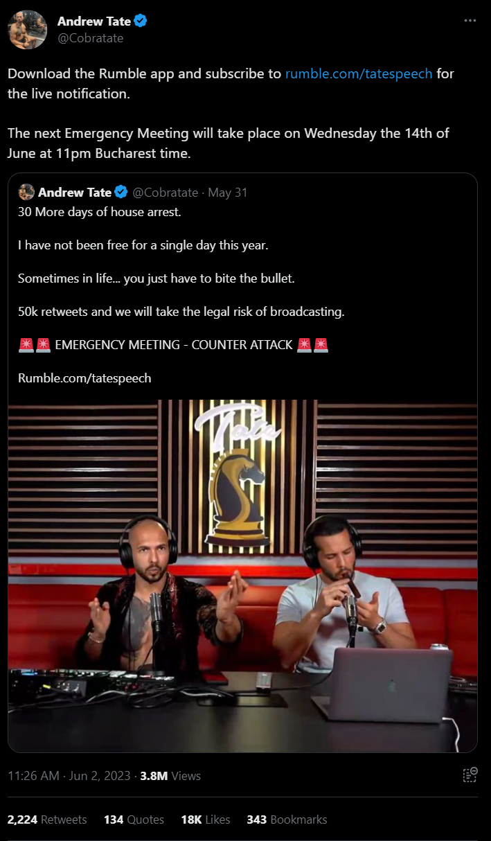 Tate tweet showing extension of house arrest