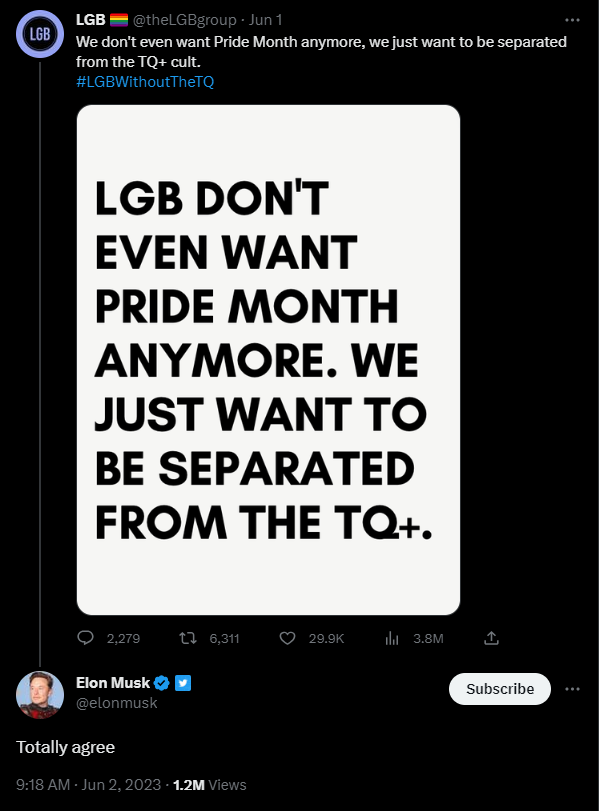 Elon Musk agreeing with removing QT+ from LGBTQ