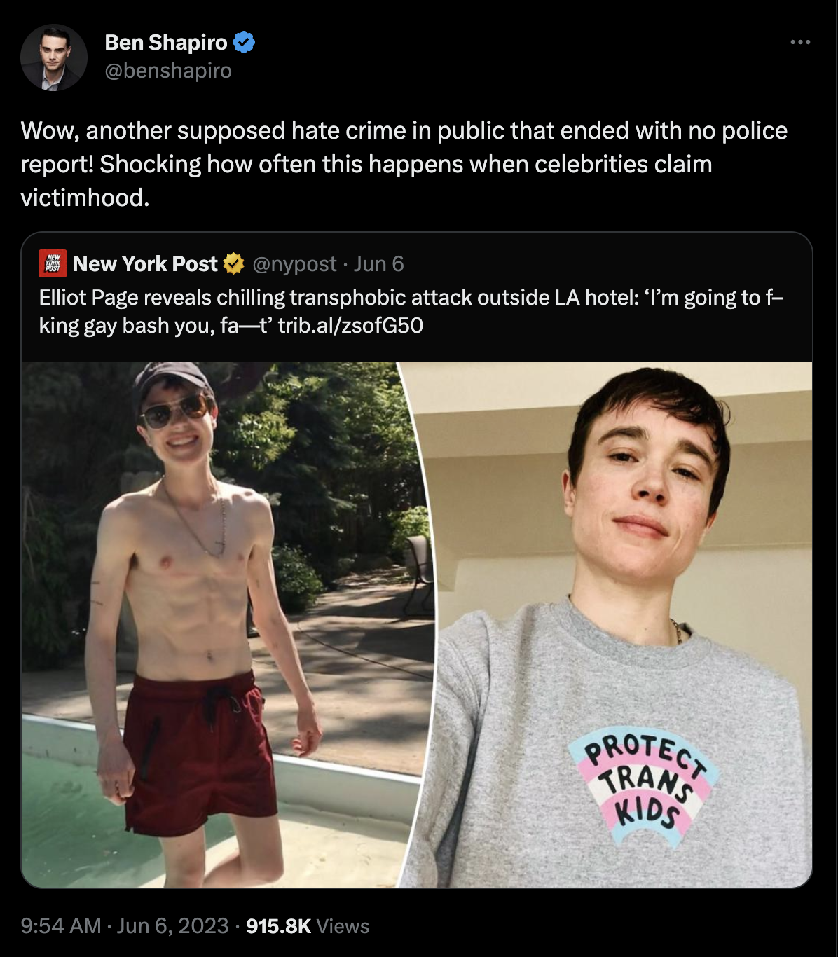 A screenshot from Twitter shows a tweet from user Ben Shapiro that says, "Wow, another supposed hate crime in public that ended with no police report! Shocking how often this happens when celebrities claim victimhood."