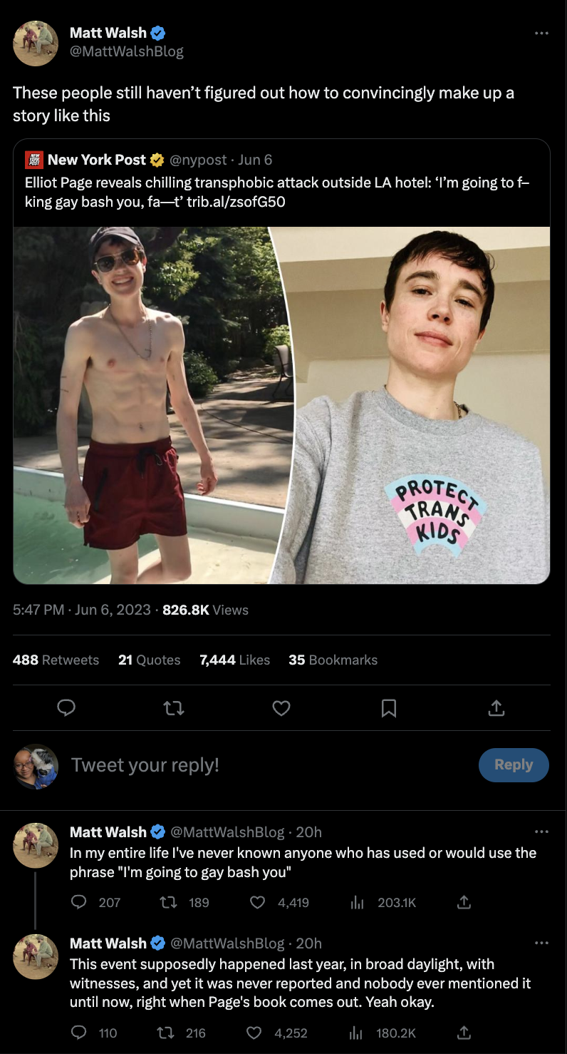 A screenshot from Twitter shows a series of tweets from user Matt Walsh that claim that Elliot Page is making up the accounts of his attack to promote Page's upcoming memoir.