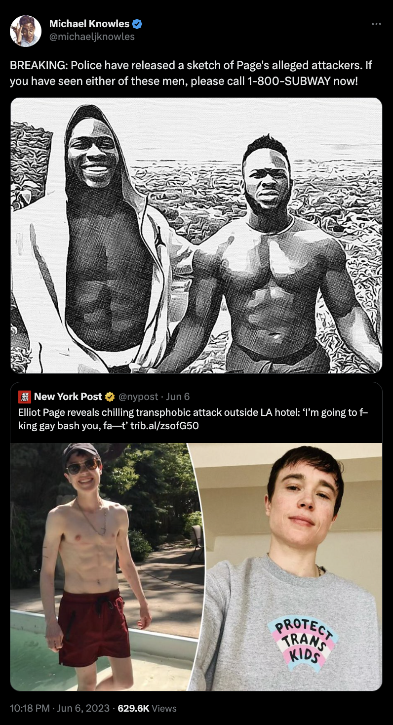 A screenshot from Twitter shows a tweet from user Michael Knowles that says, "BREAKING: Police have released a sketch of Page's alleged attackers. If you have seen either of these men, please call 1-800-SUBWAY now!” Knowles also posted a photo of two men who Jussie Smollett alleged as his attackers in 2020.