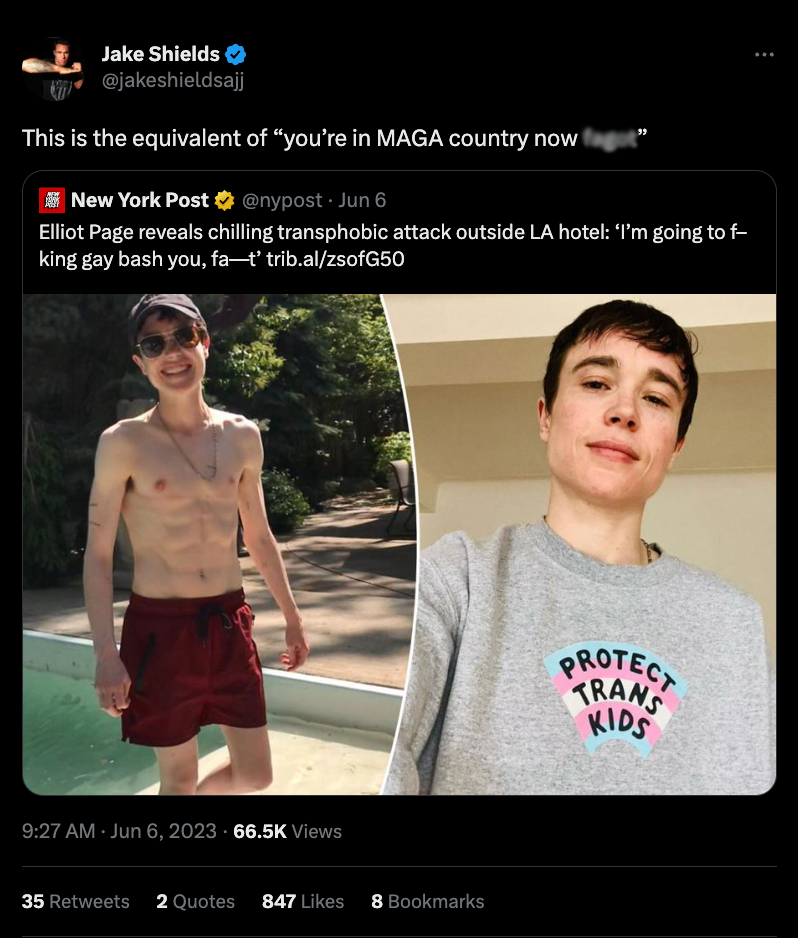 A screenshot from Twitter shows a tweet from user Jake Shields that says, "This is the equivalent of ‘you’re in MAGA country now fagot,’” as a quote-retweet to a New York Post tweet discussing Page's account of his attack