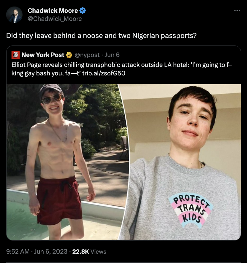 A screenshot from Twitter shows a tweet from user Chadwick Moore that says, "Did they leave behind a noose and two Nigerian passports?"