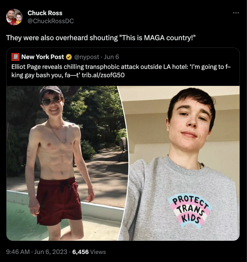 A screenshot from Twitter shows a tweet from user Chuck Ross that says, "They were also overheard shouting ‘This is MAGA country!’" The tweet is in response to a New York Post article discussing Page's account of his attack.