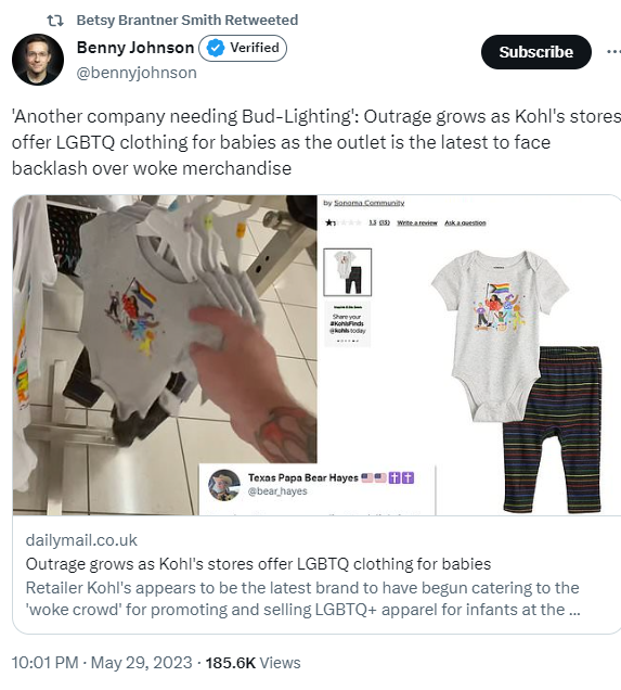 Benny Johnson: 'Another company needing Bud-Lighting': Outrage grows as Kohl's stores offer LGBTQ clothing for babies as the outlet is the latest to face backlash over woke merchandise