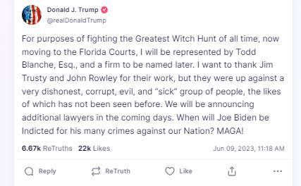 A screenshot of a Truth Social post from Trump