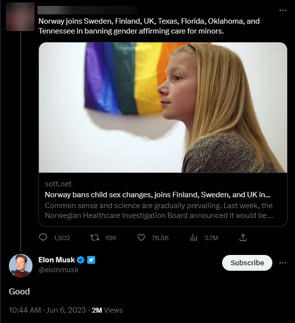 Elon Musk Norwegian gender affirming care ban tweet