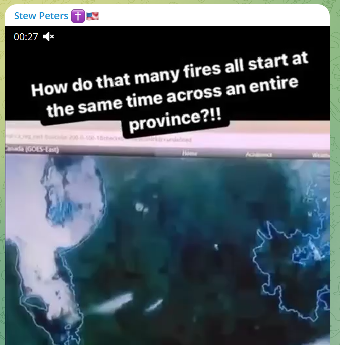 Text over image of satellite: "How do that many fires all start at the same time across an entire province?!!"