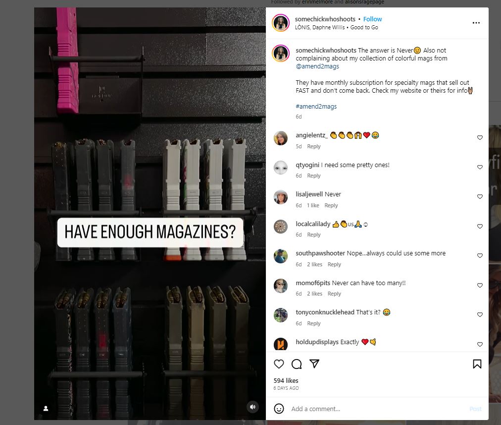 Roux promotes Amend2 magazines in tagged Instagram post showing off her gun wall. 