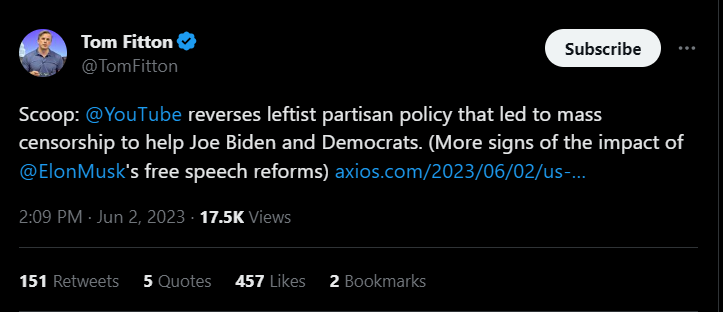 TIm Fitton tweet crediting Musk for YouTube election policy reversal