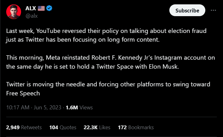 ALX tweet crediting Musk for YouTube election policy reversal