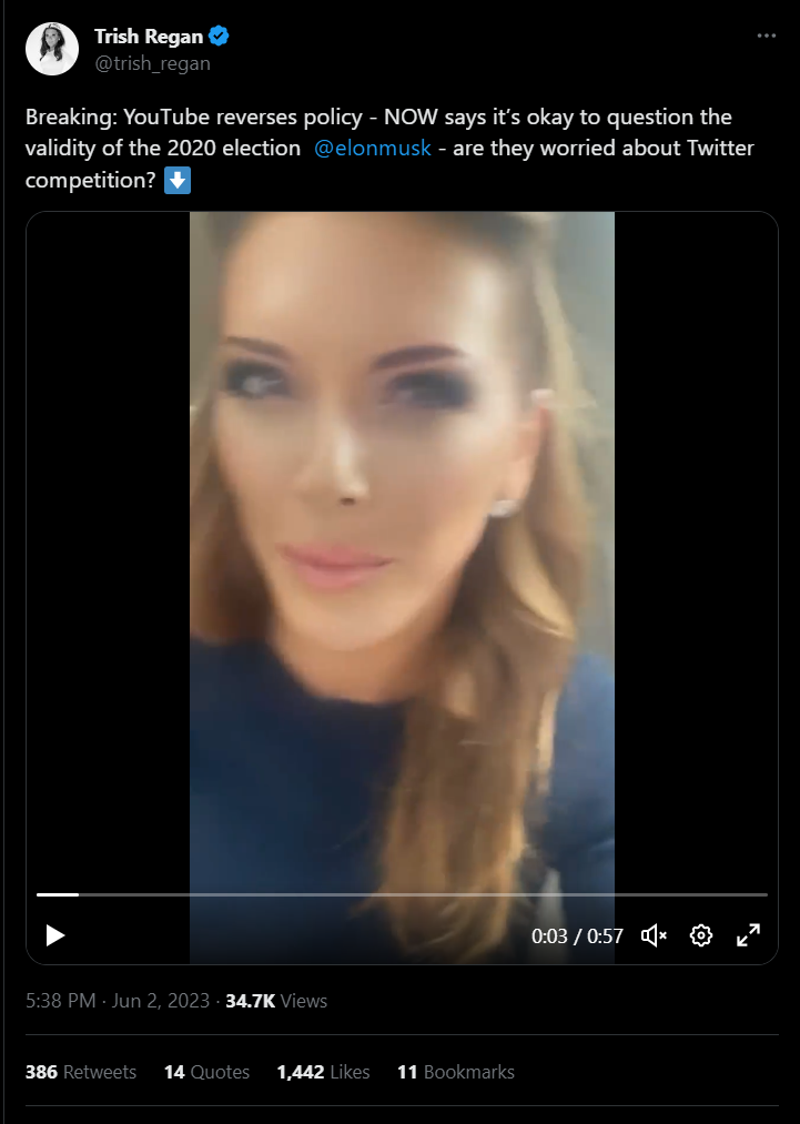 Regan tweet crediting Musk for YouTube election policy reversal