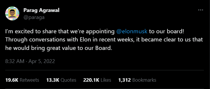 Agrawal announces Musk joining the board