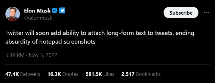 Musk calls the practice of posting screenshots of longer statements an absurdity