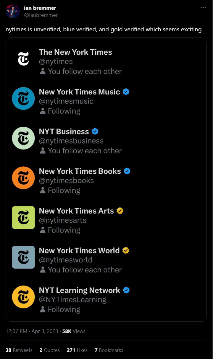 Tweet showing the Times operating several accounts under conflicting verification standards simultaneously