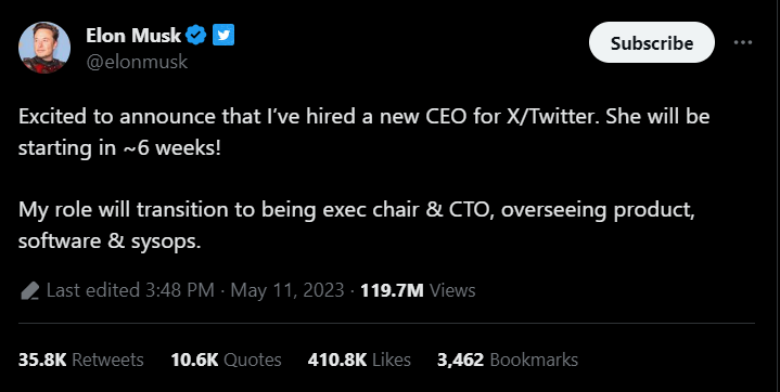 Musk announces new Twitter CEO