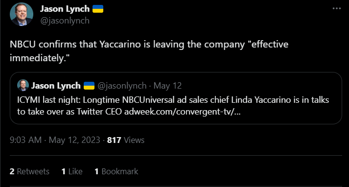 Tweet confirming that Yaccarino is leaving the company