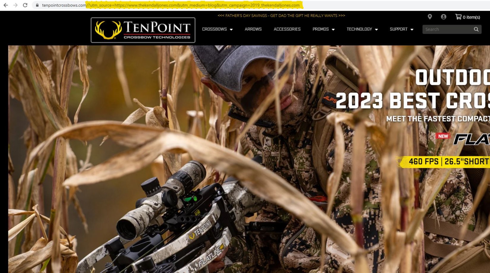 Sreenshot shows active tenpoint crossbows affiliate code in URL