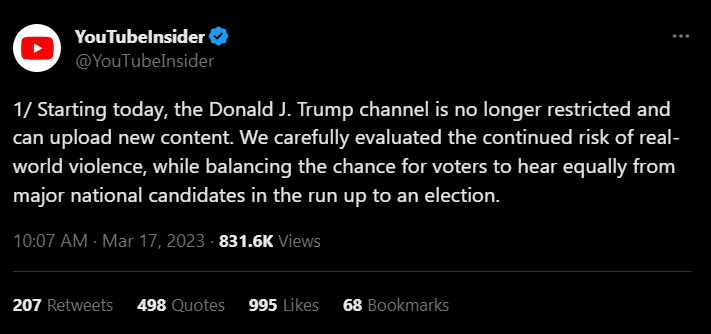 YouTube tweet announcing Trump reinstatement