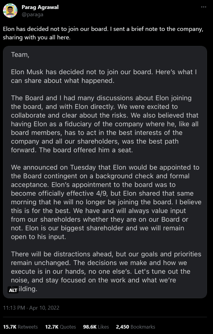 Agrawal tweet announcing Musk won't be joining board