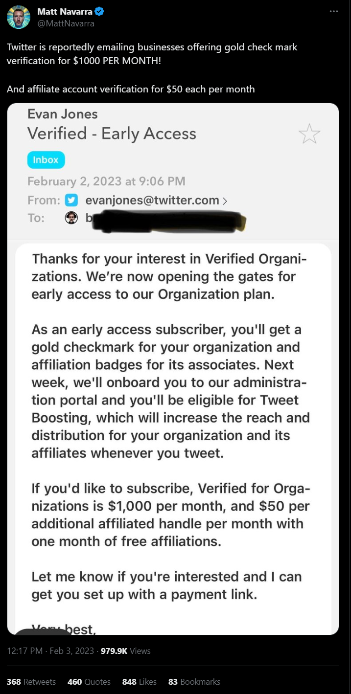 Navarra tweet confirming that corporate Twitter accounts would have to pay $1,000 a month to keep their previously free verification status