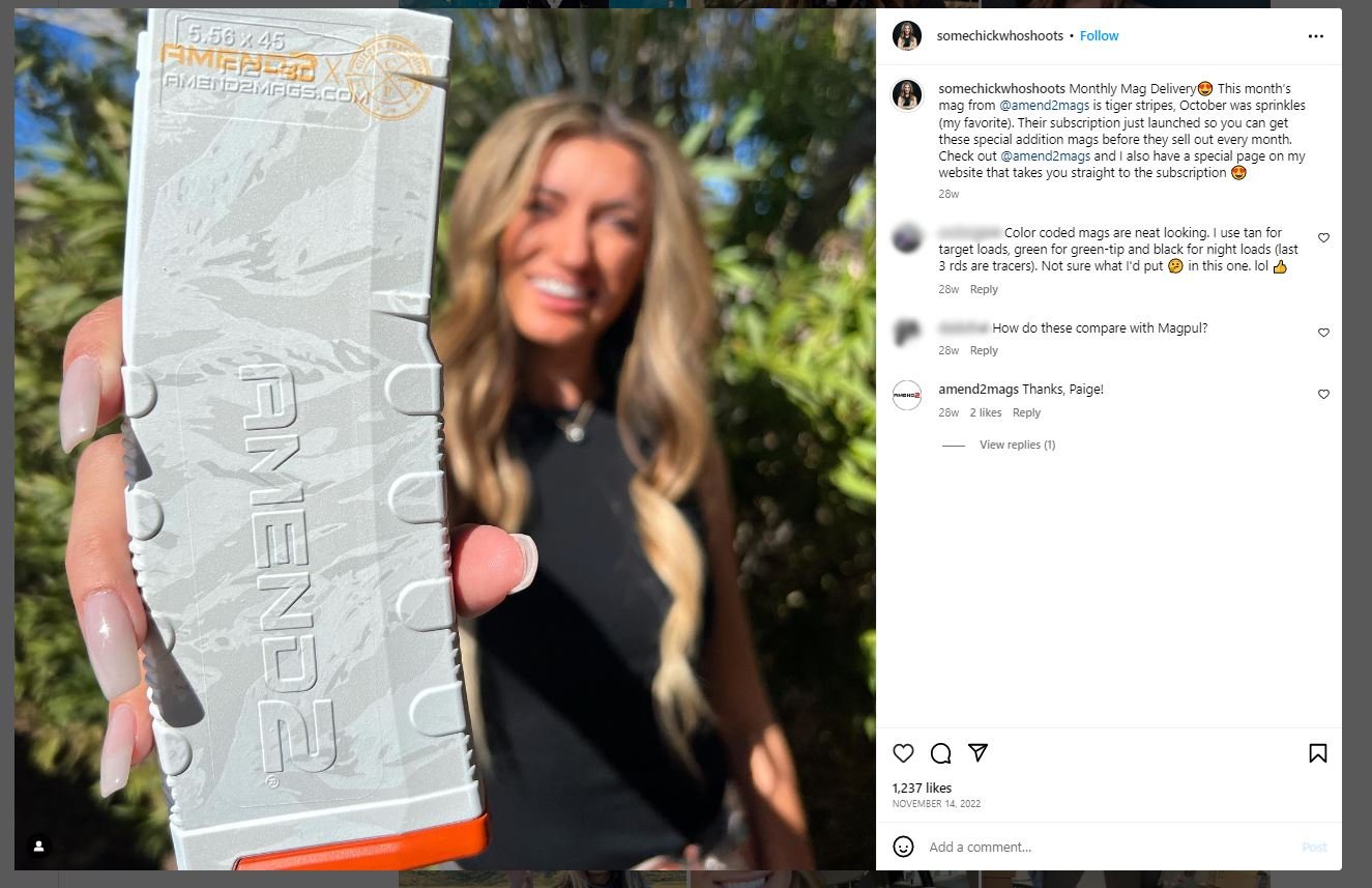 Instagram post from Paige Roux promoting Amend2 gun magazines without disclaiming material relationship to brand