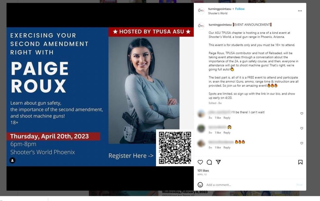 Turning Point ASU chapter promotes Paige Roux even at AZ Shooter's world, family gun range. The Caption noted, "the best part is, all of it is a free event ... even the ammo."