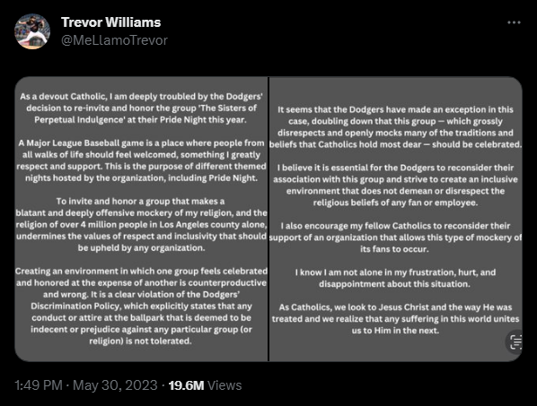 Trevor Williams' Tweet re: Dodgers/Sisters