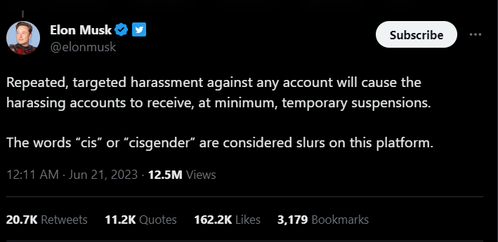 Musk announcing cis is a slur