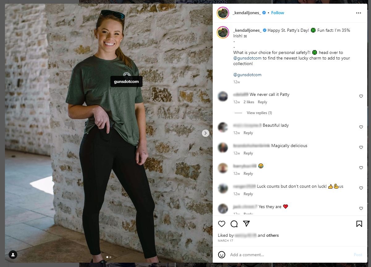 Instagram post from Kendall Jones promoting gunsdotcom with pistol sticking out of concealed carry leggings