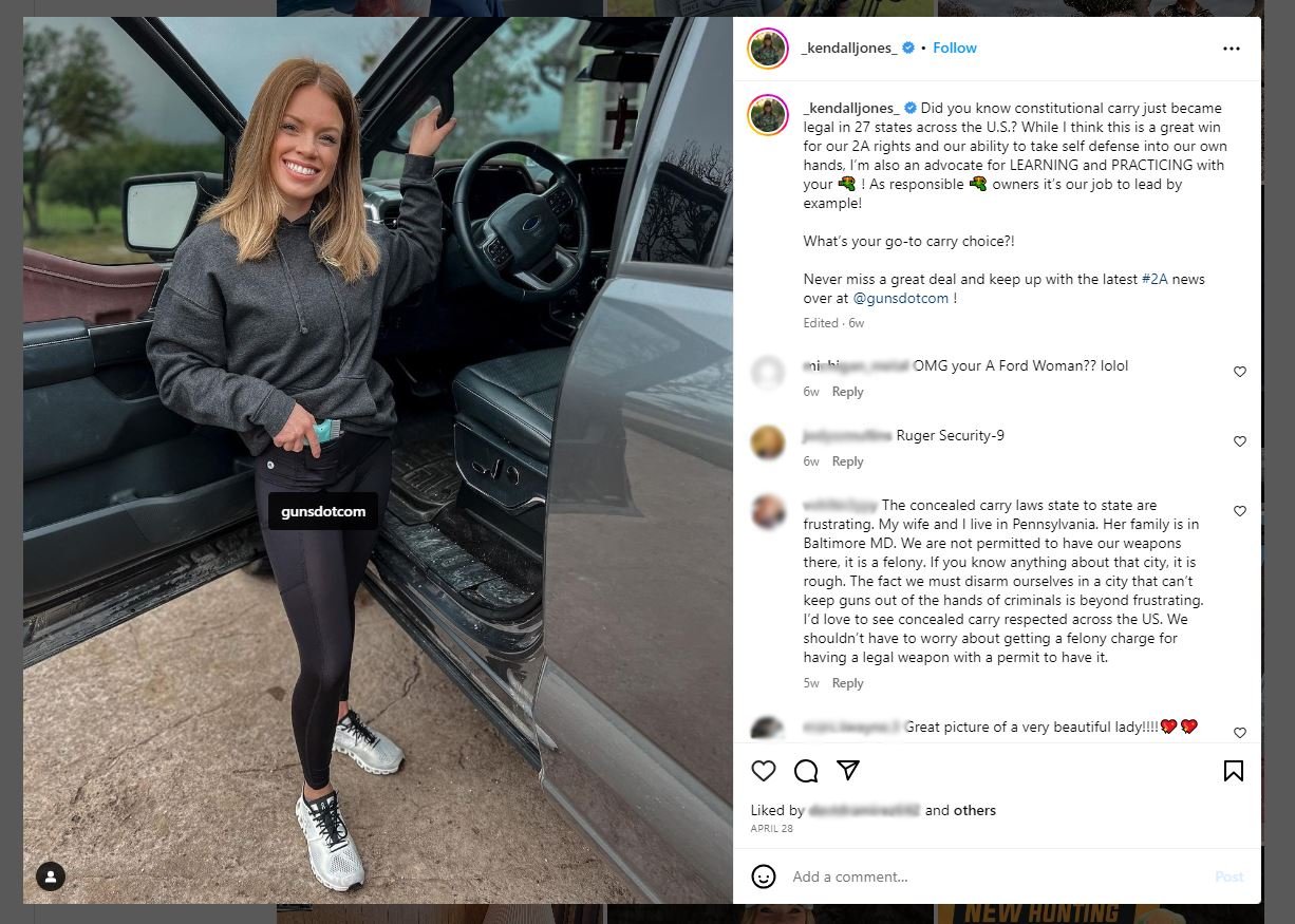 Unbranded instagram content from Kendall Jones, advertising gunsdotcom