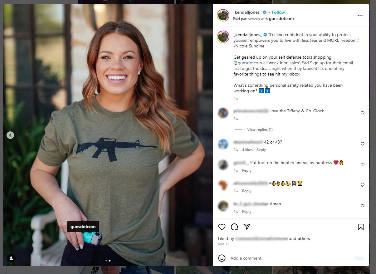 Instagram post from Kendall Jones acknowledging its a gunsdotcom ad