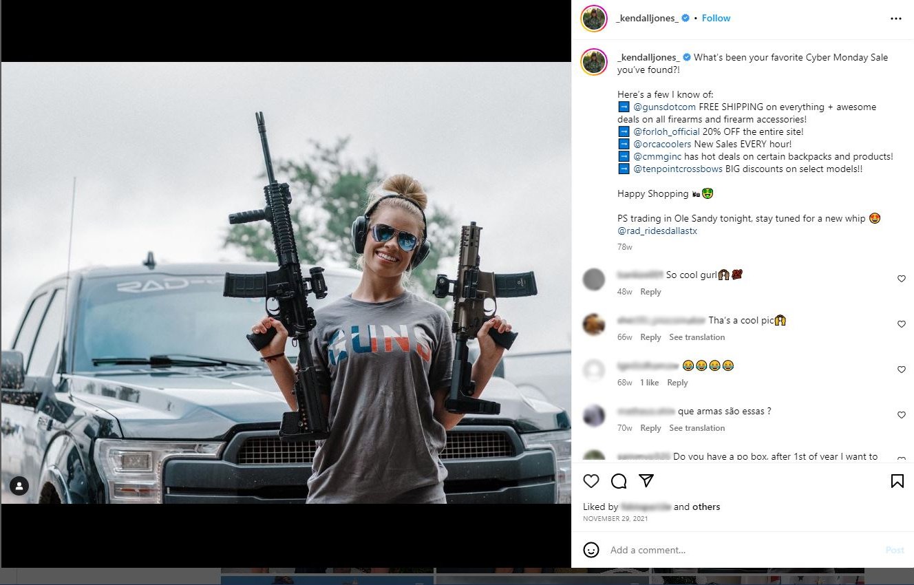 Kendall Joes uploaded an Instagram post advertising Guns dot com sale without disclosure about brand relationship