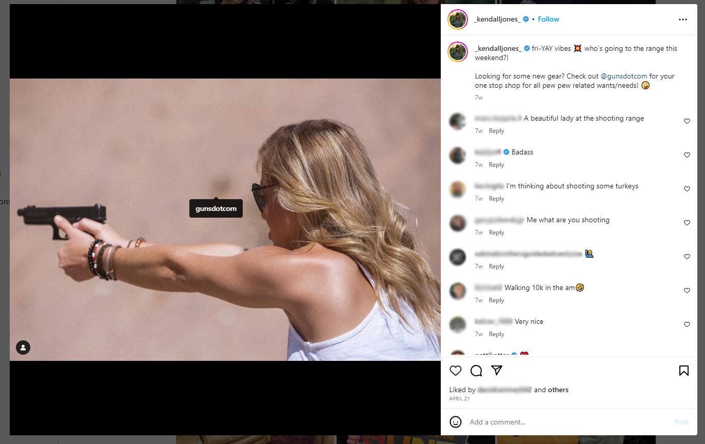 Instagram post showing Kendall Jones promoting guns dot com