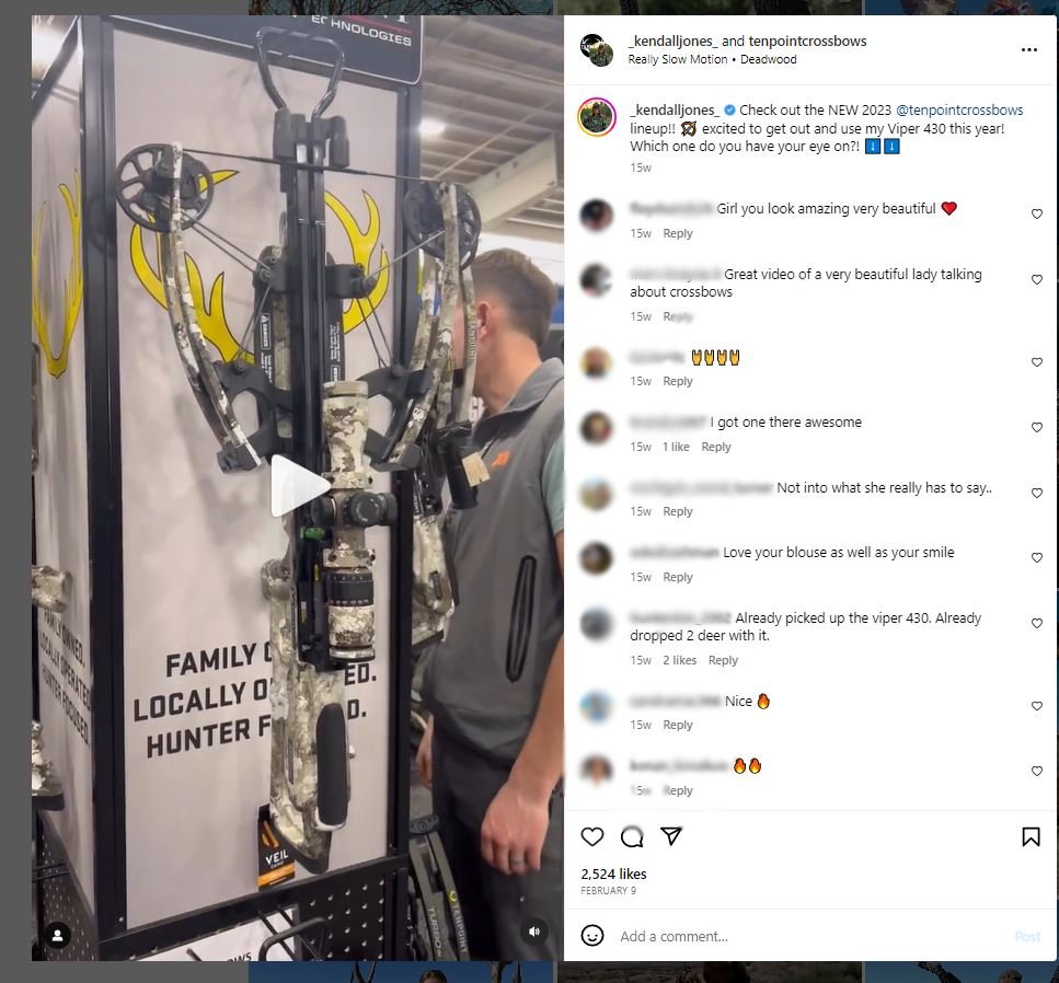 Instagram post from Kendall Jones promoting ten point crossbows new product without disclaiming material relationship to brand