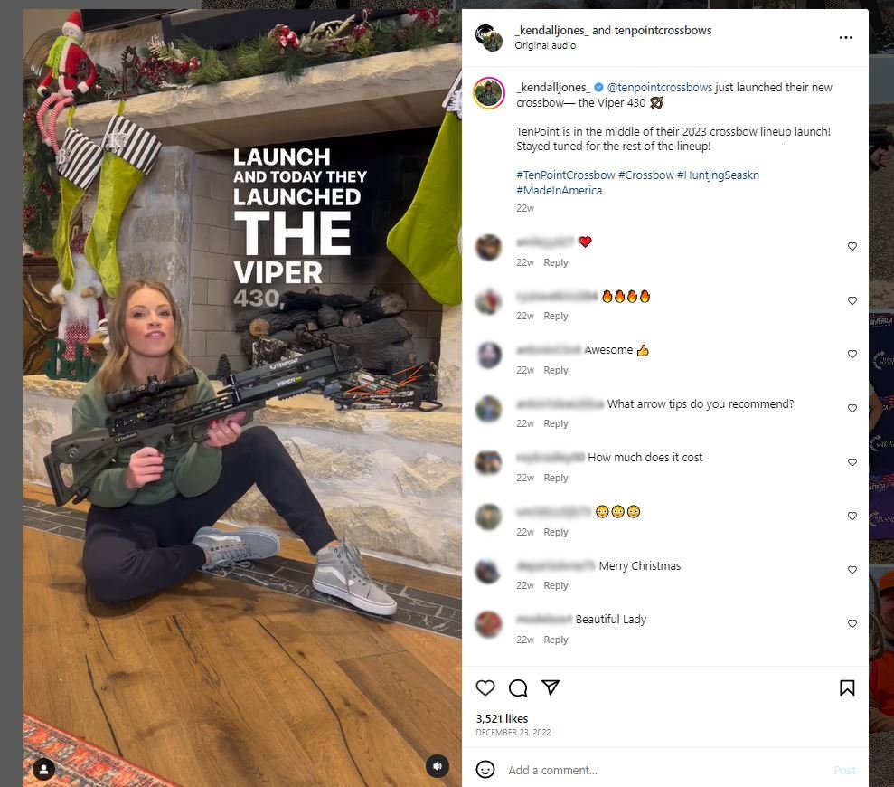 Instagram post from Kendall Jones promoting ten point crossbows new product without disclaiming material relationship to brand