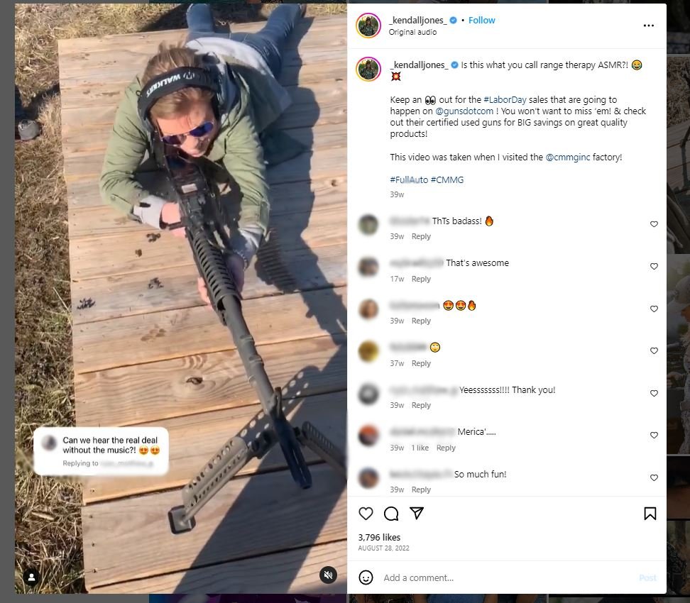 screenshot of instagram video from Kendall Jones promoting guns.com labor day sales