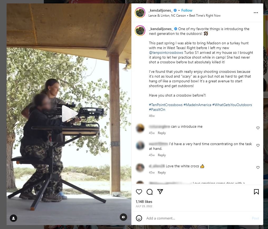 Instagram post from Kendall Jones promoting ten point crossbows without disclaiming material relationship to brand