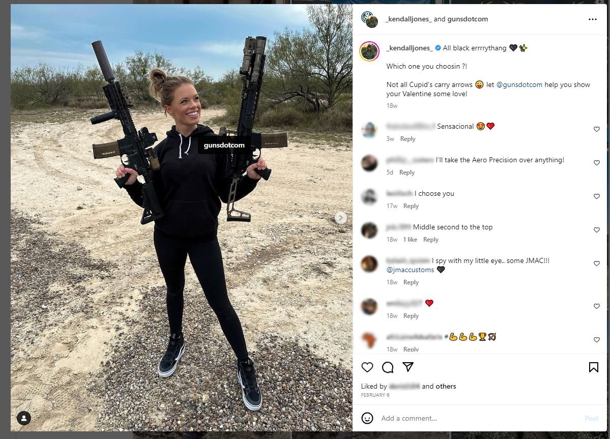 Kendall Jones tags gunsdotcom on rifle on instagram post, does not disclose material relationship to brand