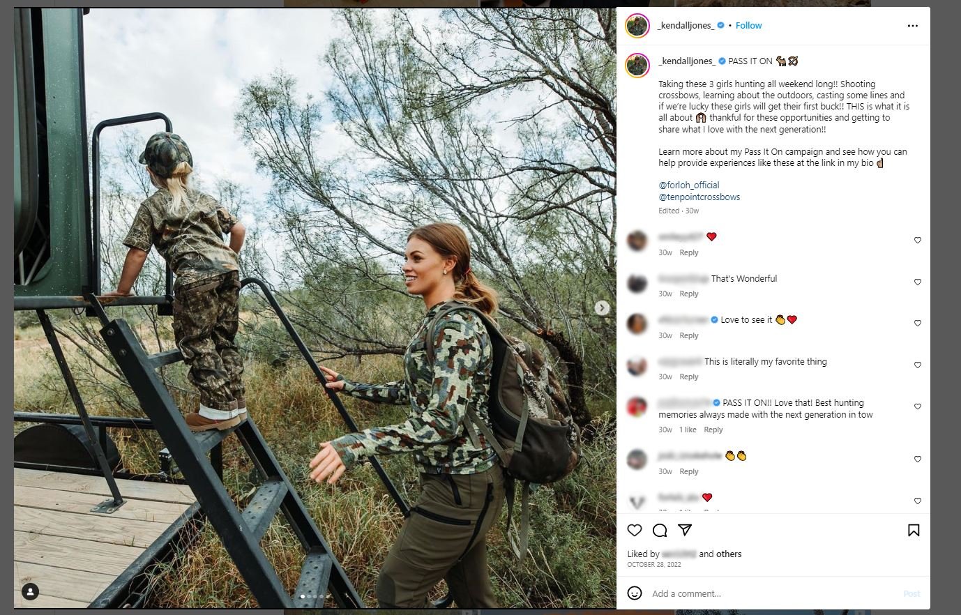Instagram post from Kendall Jones promoting ten point crossbows new product without disclaiming material relationship to brand
