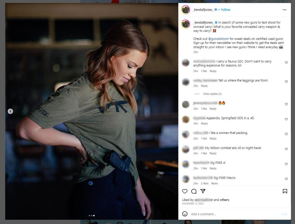 Instagram Post from Kendall Jones advertising GunsDotCom deals