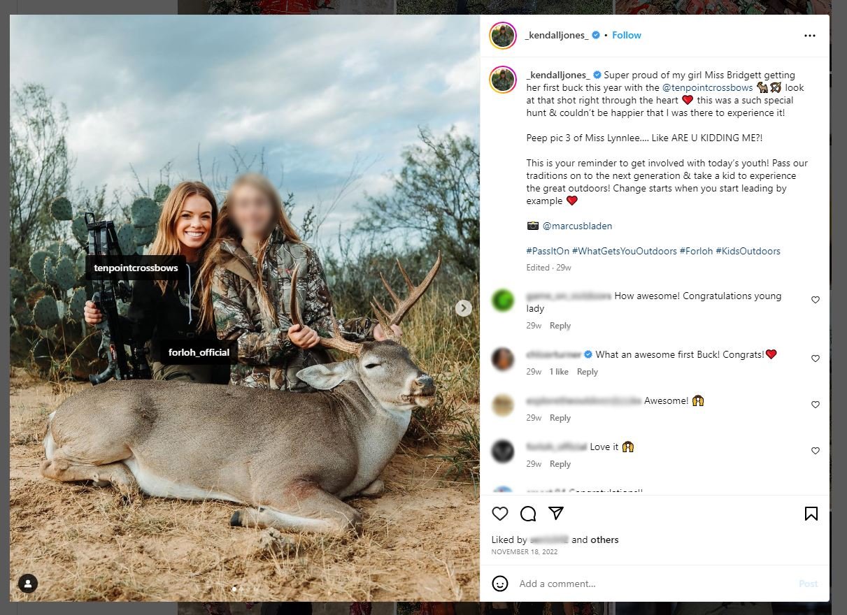 Instagram post from Kendall Jones promoting ten point crossbows without disclaiming material relationship to brand