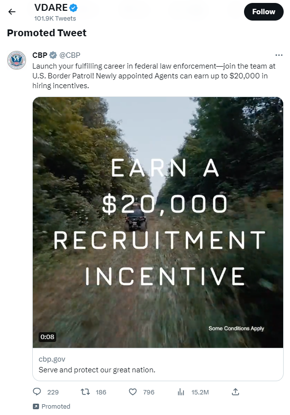 VDare Twitter ad: U.S. Customs and Border Protection