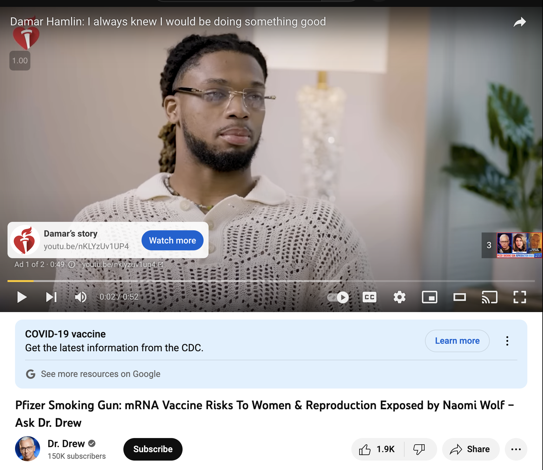 Screenshot of Dr. Drew YouTube video with Naomi Wolf that is monetized